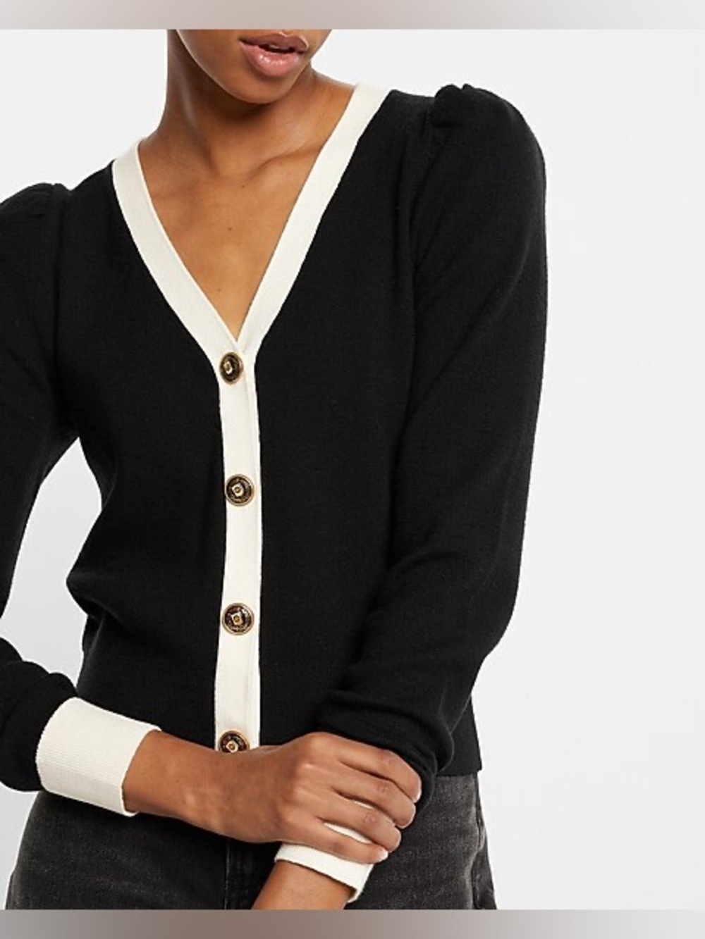 Express Tipped Novelty Button Puff Sleeve Cardigan - Picture 10 of 11